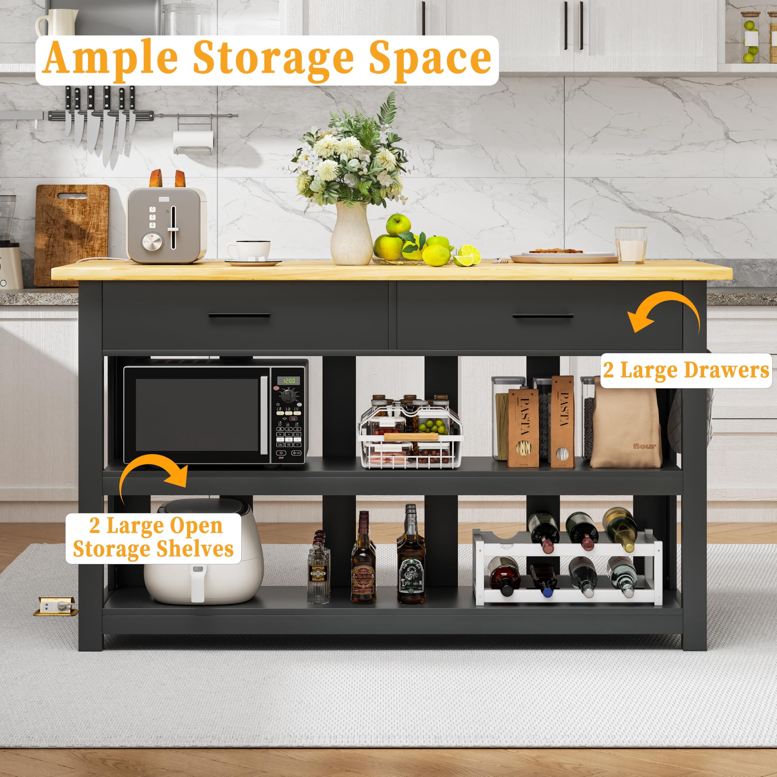 ChicZhiNest Kitchen Island with Power Outlet, 47.3" Rubber Solid Wood Countertop Kitchen Island with 2 Storage Drawers and 6 Hooks, Black