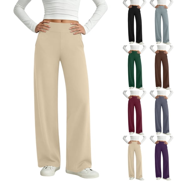 HomeDM Womens Wide Leg Pants with Pockets High Waisted Casual Lounge Trousers Khaki Work Office Pants Size L