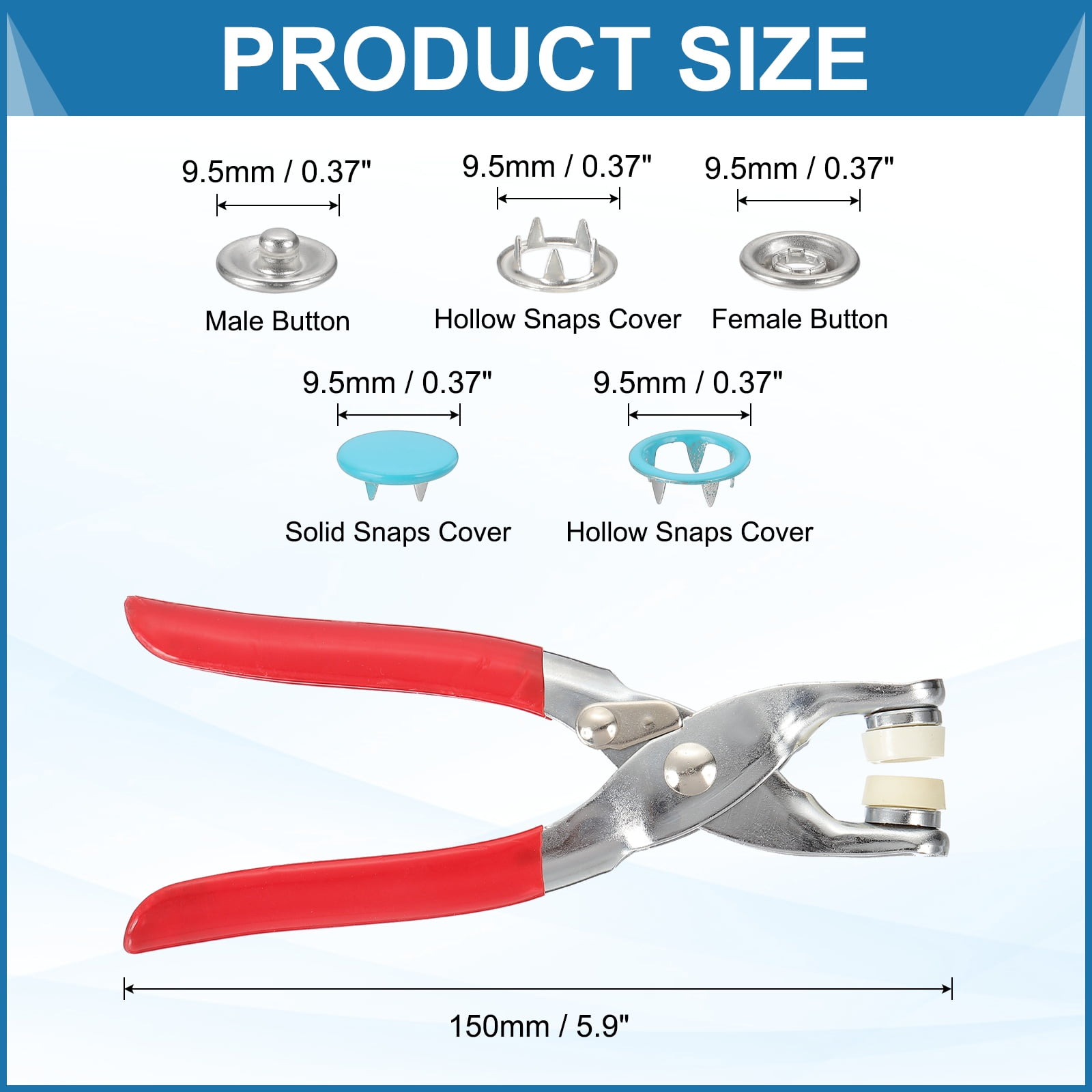 Uxcell 200Set Metal Snap Button Kit 9.5mm Hollow & Solid Prong Snap Buttons with Fastener Pliers for Sewing Fabric Leather Clothing Rain Coat Diapers Bibs Crafting, Blue