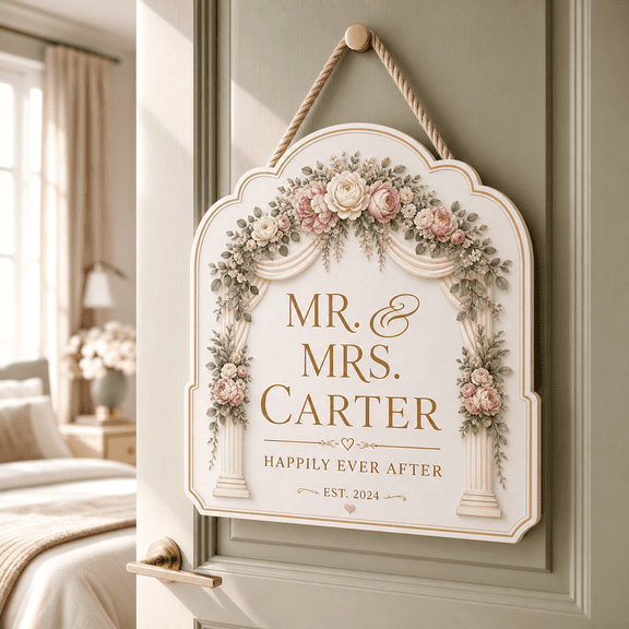 CLOUD MANOR Personalized Door Sign Floral Arch Newlywed Decor