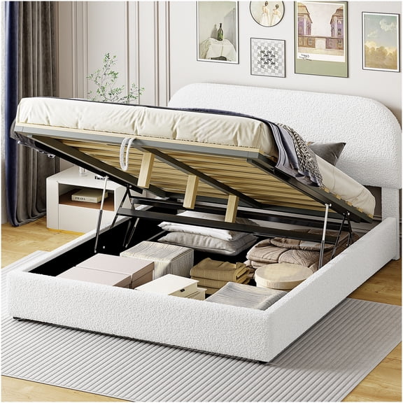 Queen Upholstered Storage Bed with Hydraulic Lift, White Teddy Fabric Platform Bed Frame, No Box Spring Needed