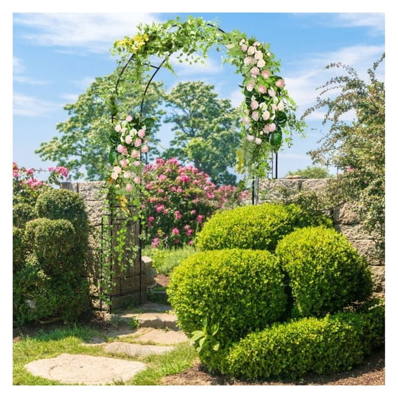 Metal Garden Arch Trellis - 7.9ft Outdoor Arbor for Climbing Plants - Wedding Arch Backdrop Stand with Fence - Black Galvanized Steel