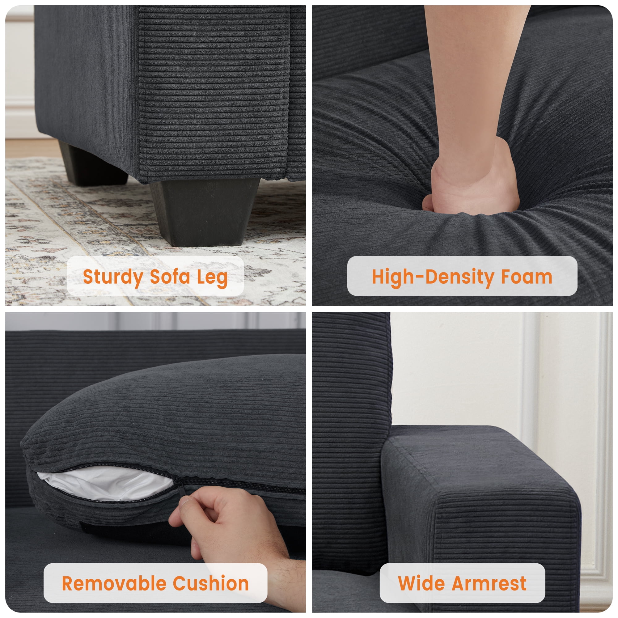 Kicctian 83" Wide 3-Seater Corduroy Couch with Deep Seat, Modern Sofa with Washable Covers and Wide Armrests, Comfortable Loveseat for Living Room, Bedroom, Office or Small Spaces,Grey