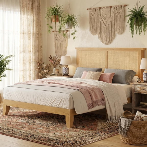 Rattan Bed Frame Full Size with Natural Rattan Headboard & LED Lights, Wood Full Bed Frame with Solid Wood Foundation, No Box Spring Needed, Natural