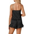 thumbnail image 4 of Women's 3pcs Satin Pajamas Set Cami Top and Shorts Sleepwear PJs Set with Robe,Black, 4 of 5