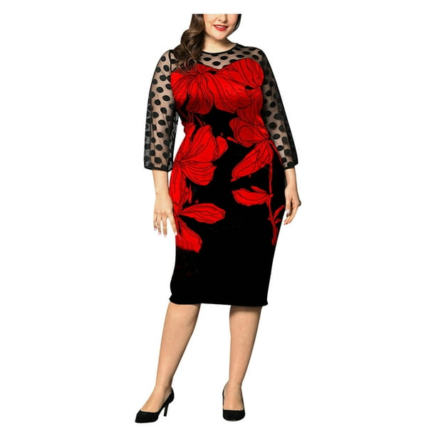 Fesfesfes Plus Size Women Gowns Floral Print Lace Midi Dress Ladies Evening Cocktail Party Gown Sale Tops on Clearance