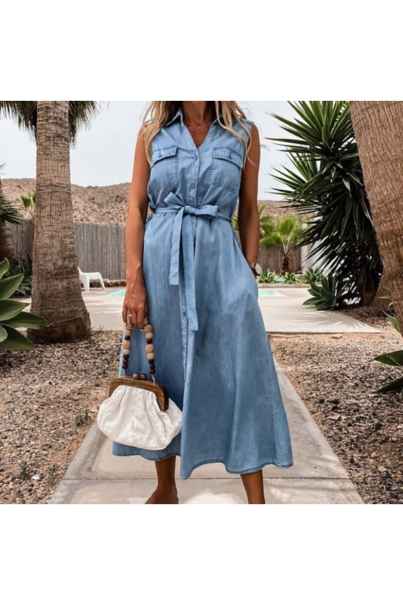 Pntutb Womens Plus Size Solid Sleeveless Frenulum Denim Jacket Jean Long Dresses