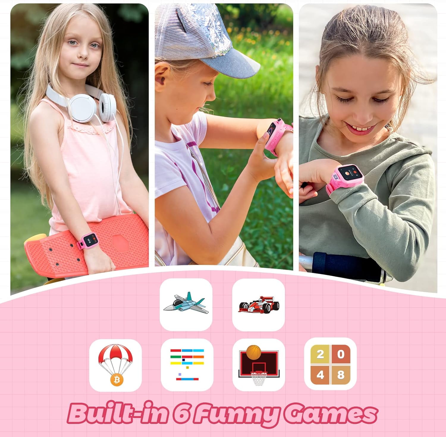 Kids Digital Watch Girls, Best Christmas Birthday Gifts for Age 3 4 5 6 7 8 9 Years Children,Touchscreen Toddler Sport Smart Watch with Camera FM MP3 Pedometer - Light Pink with 32GB SD Card