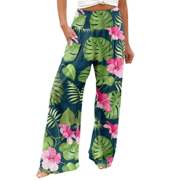 OWMEOT Baggy Wide Leg Pants Womens Tropical Print High Waisted Palazzo Pants Straight Slacks Trousers Beach Vacation Bottoms