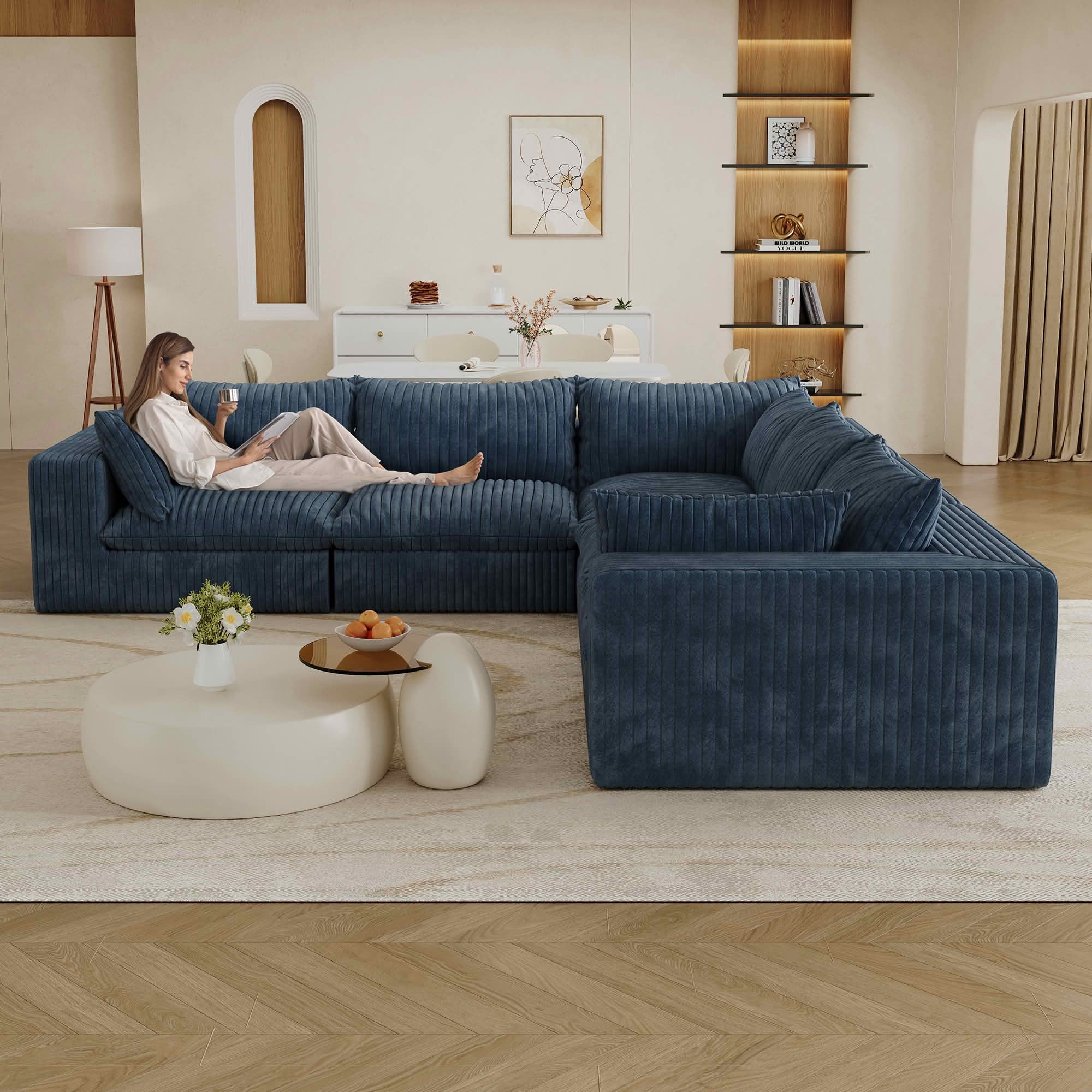 MAYEERTY 118.2" Cloud Corduroy Sofa, Deep Seat Double-Layer Design, Removable Cushion No Assembly, DIY Combination, Blue