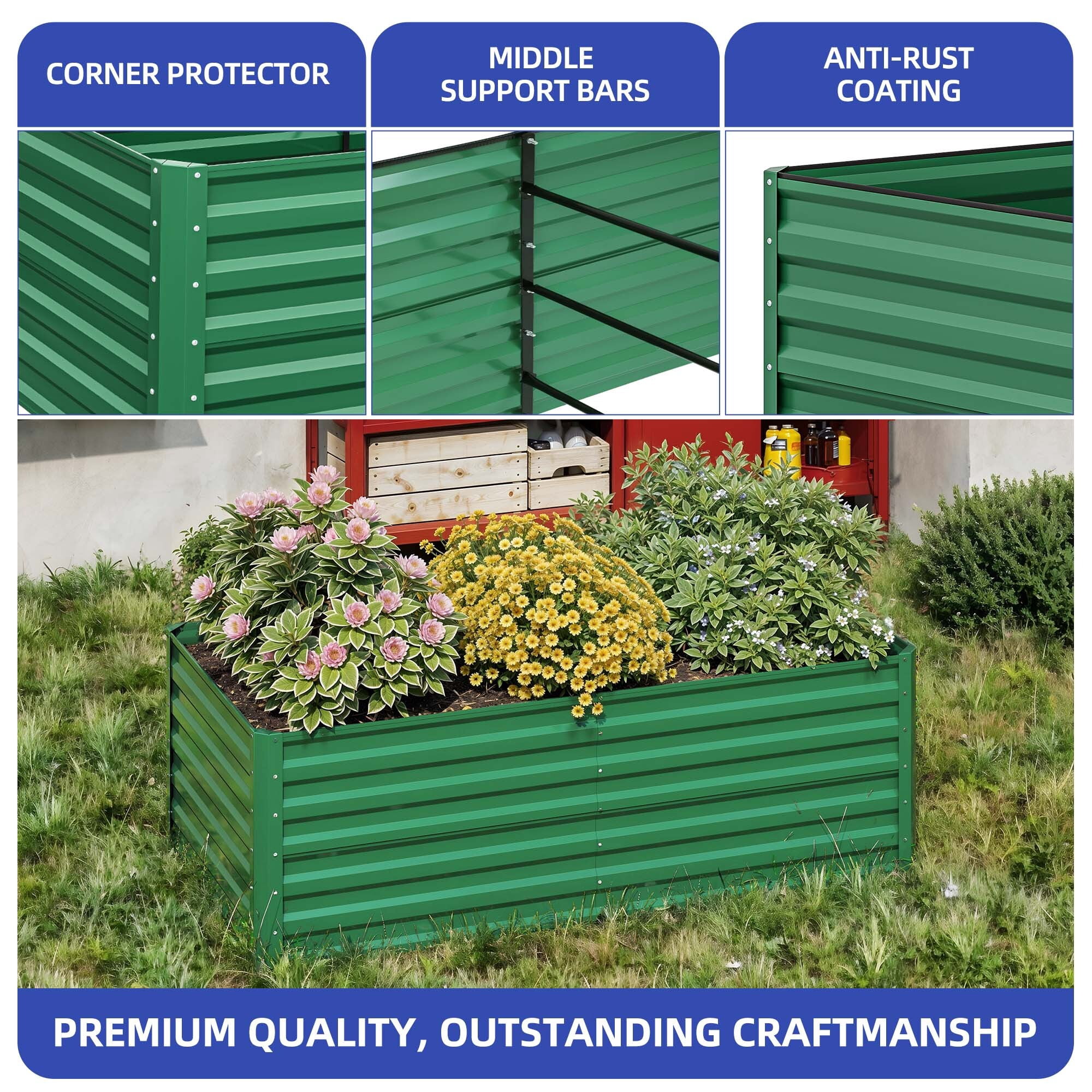 Uforic 6X3X2FT 1 Pack Galvanized Metal Raised Garden Bed Kit with Gardening Gloves & Support Rod, Outdoor Above Ground Planter Box for Plants Vegetables Flowers, Green