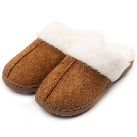 Women Slippers House Shoes : Brown Fuzzy Fur Memory Foam Non Slip Slipper - Indoor Outdoor Ladies Maternity Home Slide（Size：11-12）
