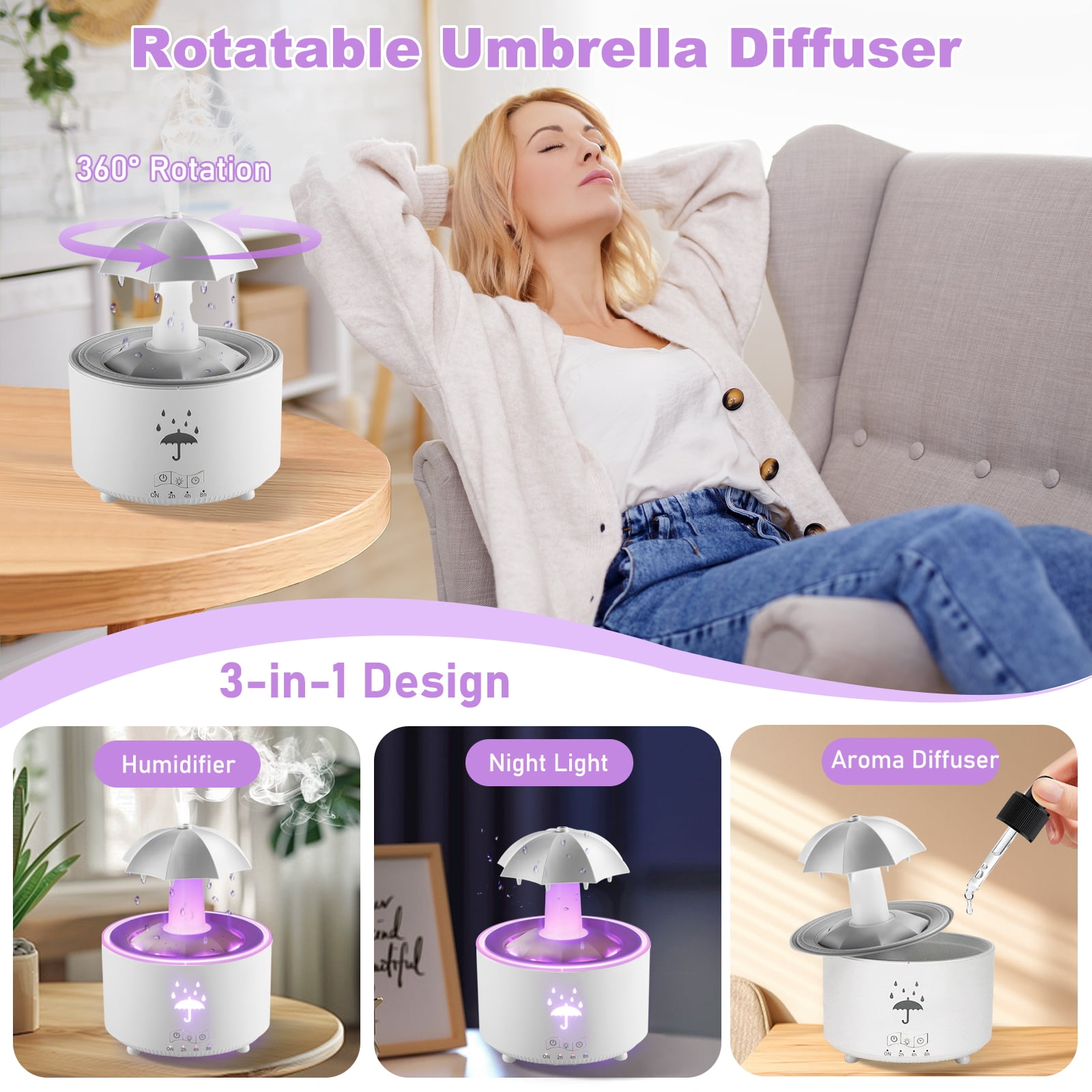 Humidifier for Bedroom, 7-Color Rotating Umbrella Diffuser with Rain Drop Effect, 300ML Small Humidifier Aroma Diffuser with Remote & Timer, Funny Rain Humidifier Gift for Kids Teen Women