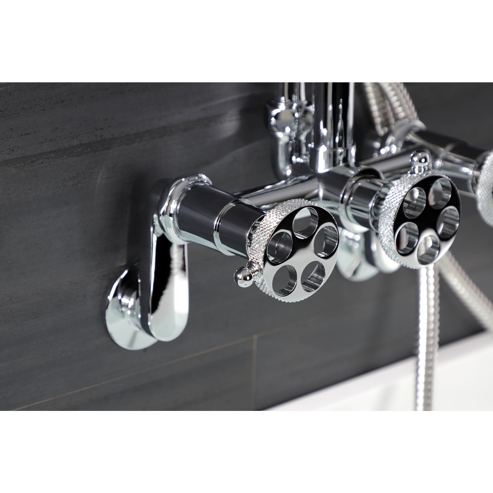 Kingston Brass AE8151RKX Webb 7-Inch Adjustable Wall Mount Clawfoot Tub Faucet with Knurled Handle and Hand Shower, Polished Chrome