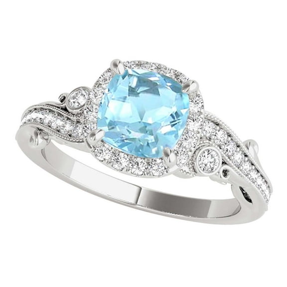 1.50 Carats Cushion Cut Aquamarine And Diamond Ring In 10K Solid White Gold