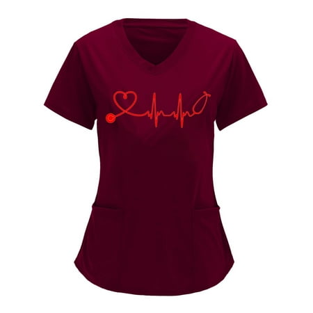 

Ecqkame Women Scrubs Top Clearance Women V-neck Solid Color Overalls Partial Positioning Printing Short Sleeve Working Uniform Tops Wine M