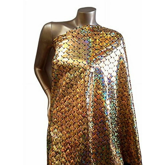 Shiny Holographic Foil Mermaid Scales Pattern on Black Stretch Nylon Spandex Shiny Tricot Fabric by The Yard (Gold)