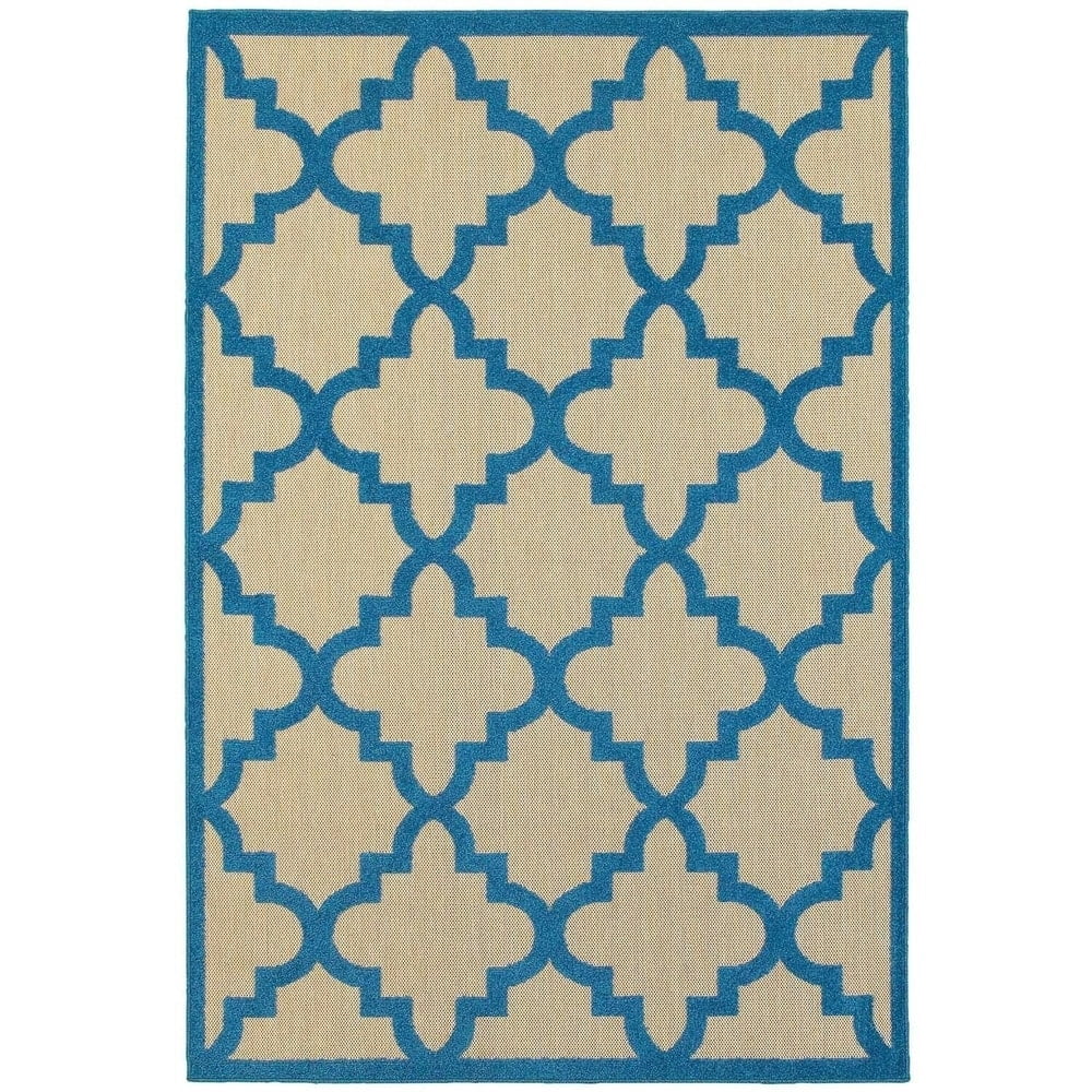 Style Haven  Cara Mixed Pile Quatrafoil Lattice Indoor/ Outdoor Area Rug Blue/Sand 9'10" x 12'10" Polypropylene Trellis, Geometric 10' x 14' Accent,