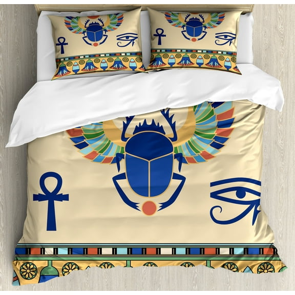 Egyptian Print Duvet Cover Set, Antique Historical Culture of Scarab Eye Ornaments, Decorative 3 Piece Bedding Set with 2 Pillow Shams, Calking Size, Multicolor, by Ambesonne