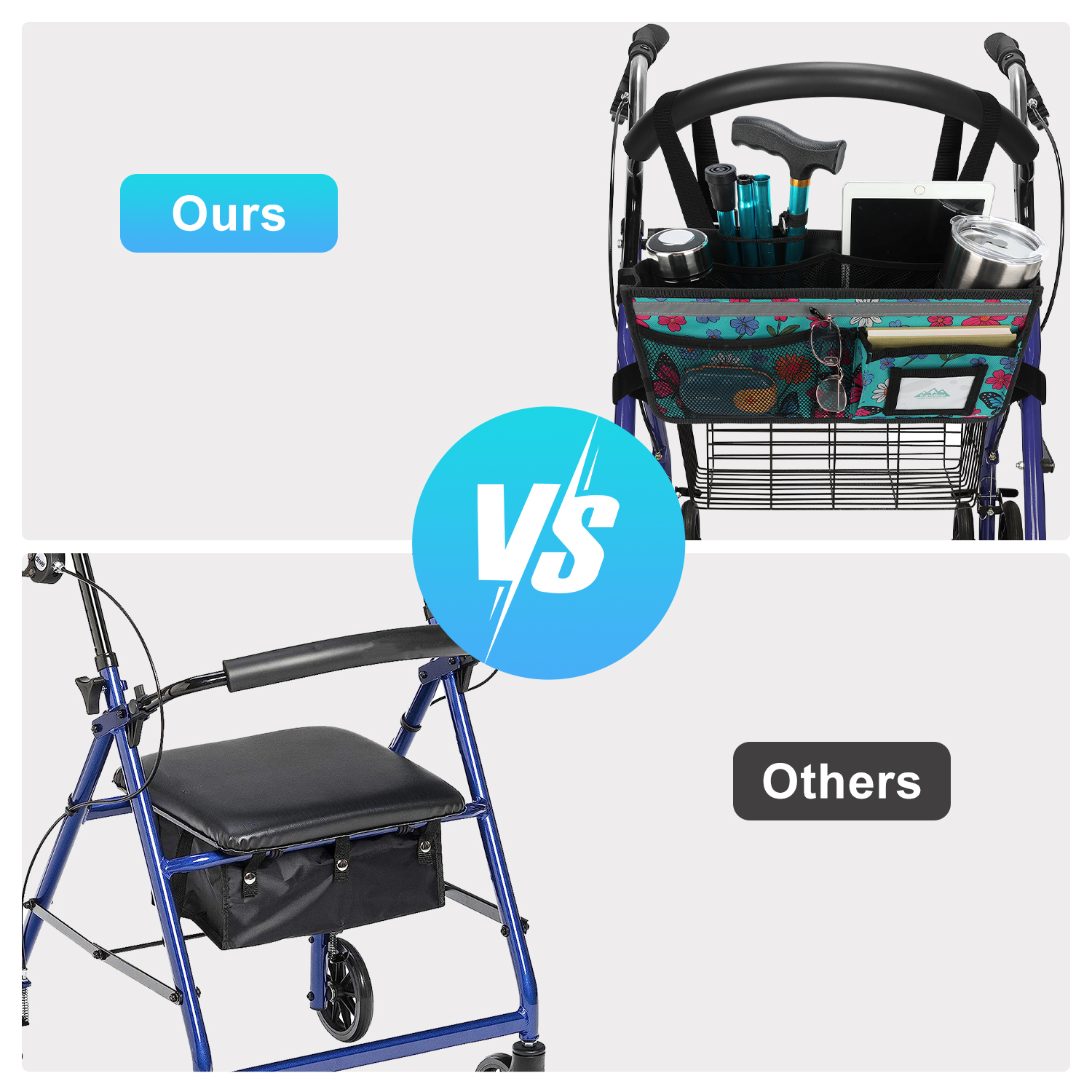 SupreGear Foldable Waterproof Walker Bag with Cup Holder, Cyan Butterfly Rollator Storage Pouch