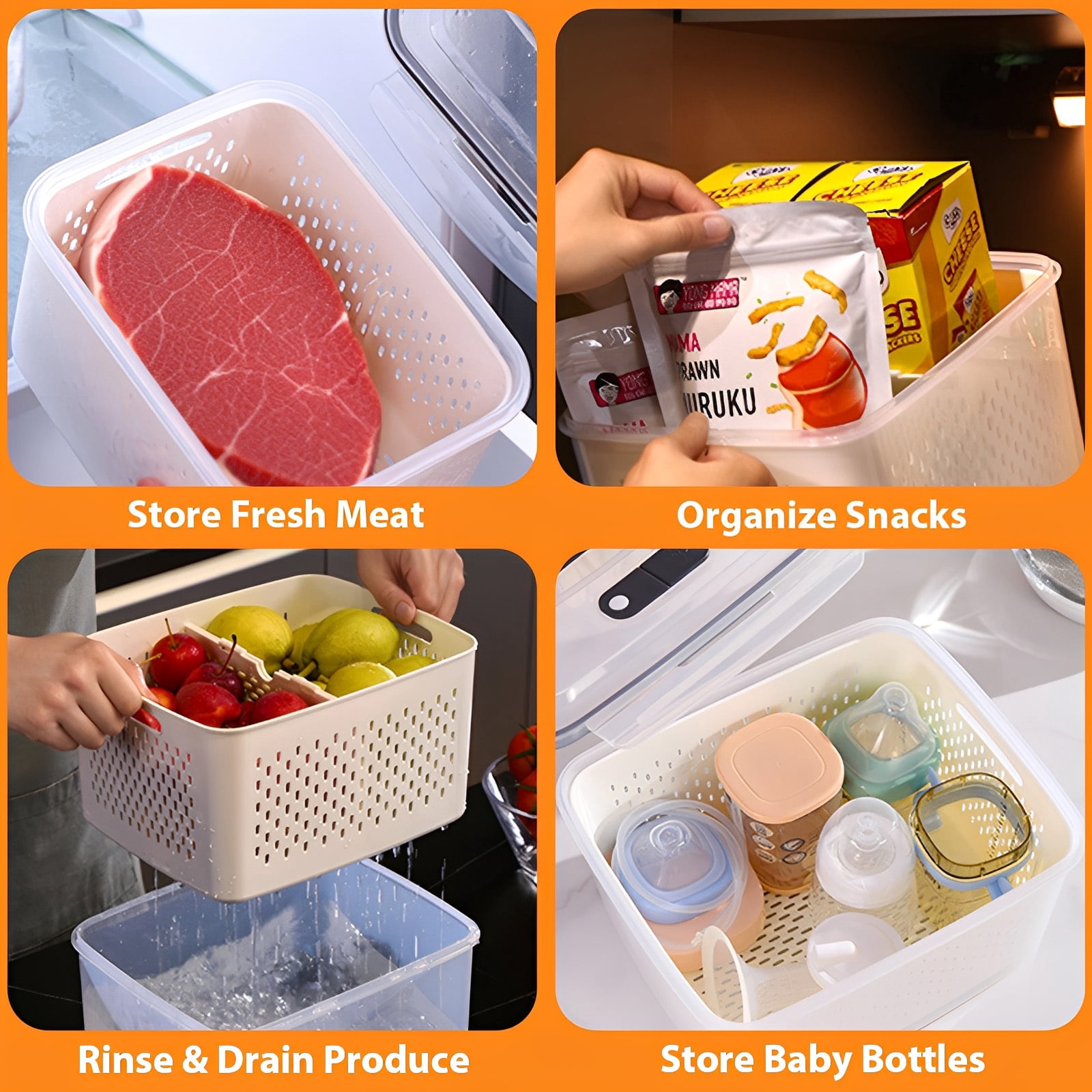 Fenbeli Fruit Vegetable Storage Containers for Fridge, 6 Pack Produce Saver with Lids and Removable Colander, BPA-Free Airtight Fresh Keeper with Adjustable Vent & Divider, Refrigerator Organizer Set