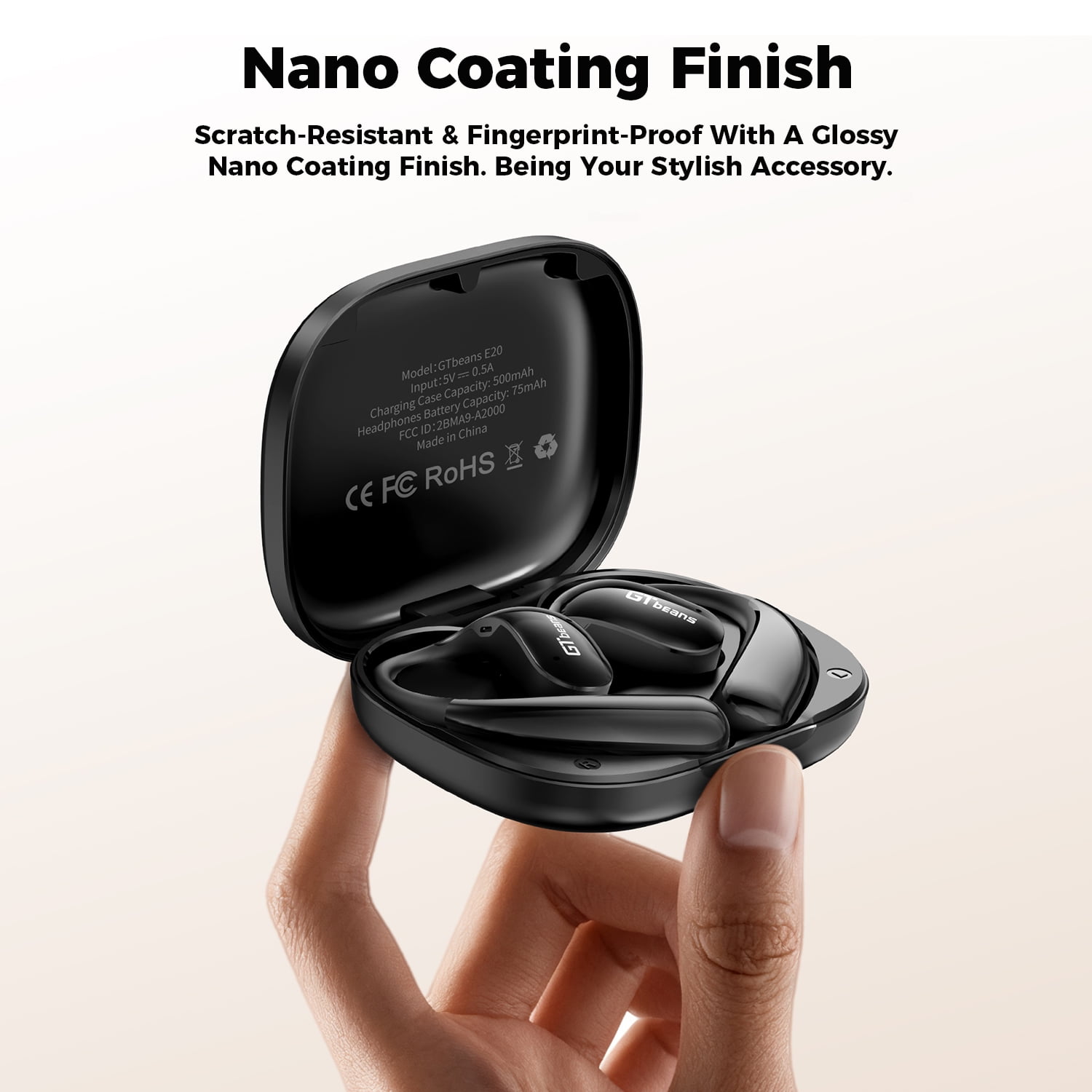 GTbeans E20 Open-Ear Earphones OWS Ear Hooks Wireless Bluetooth 6.0 Headphones IP55 Waterproof 56 Hrs Playtime 4 Mic Clear Call Sports Earbuds, Black