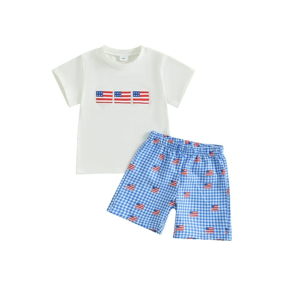 Qmyliery Baby Boys Patriotic Outfits Flag Embroidery Short Sleeves T-Shirt and Elastic Plaid Shorts Set for 2 Piece Clothes Set 3 4 5 6 7 Years