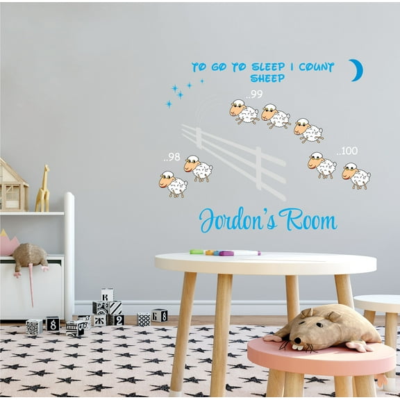 ANIMALS - Kids Bedroom Flock Of Sheep Jumping Over Wooden Ranch Fence Vinyl Decoration To Go To Sleep I Count Sheep Quote Design Home Living Room Personalized Name Wall Decal Sticker 10" x 8"