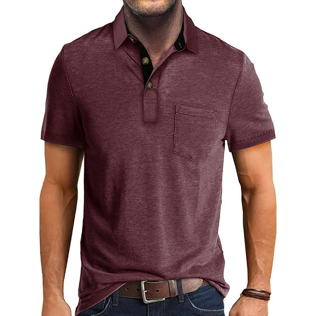 MAWCLOS T-Shirts pour Hommes Polo à Boutons Col à Revers Hauts d'Été Décontractés Plage Manches Courtes Blouse Rouge Foncé L