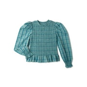 Wonder Nation Girls Smocked Plaid Woven Top, Sizes 4-18 & Plus