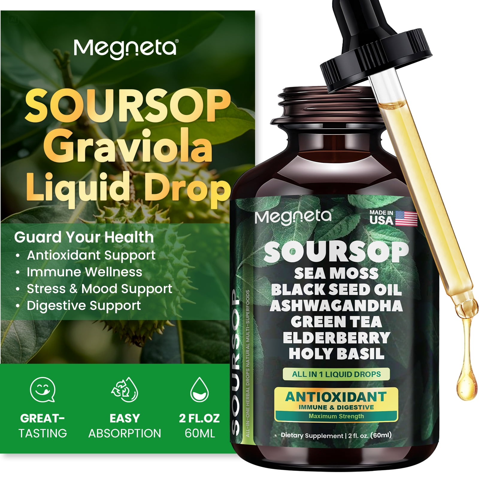 Megneta Soursop Graviola Liquid Drops with Sea Moss, Black Seed Oil & Ashwagandha, 8-in-1 Antioxidant & Immune Wellness Supplement, 2 fl oz