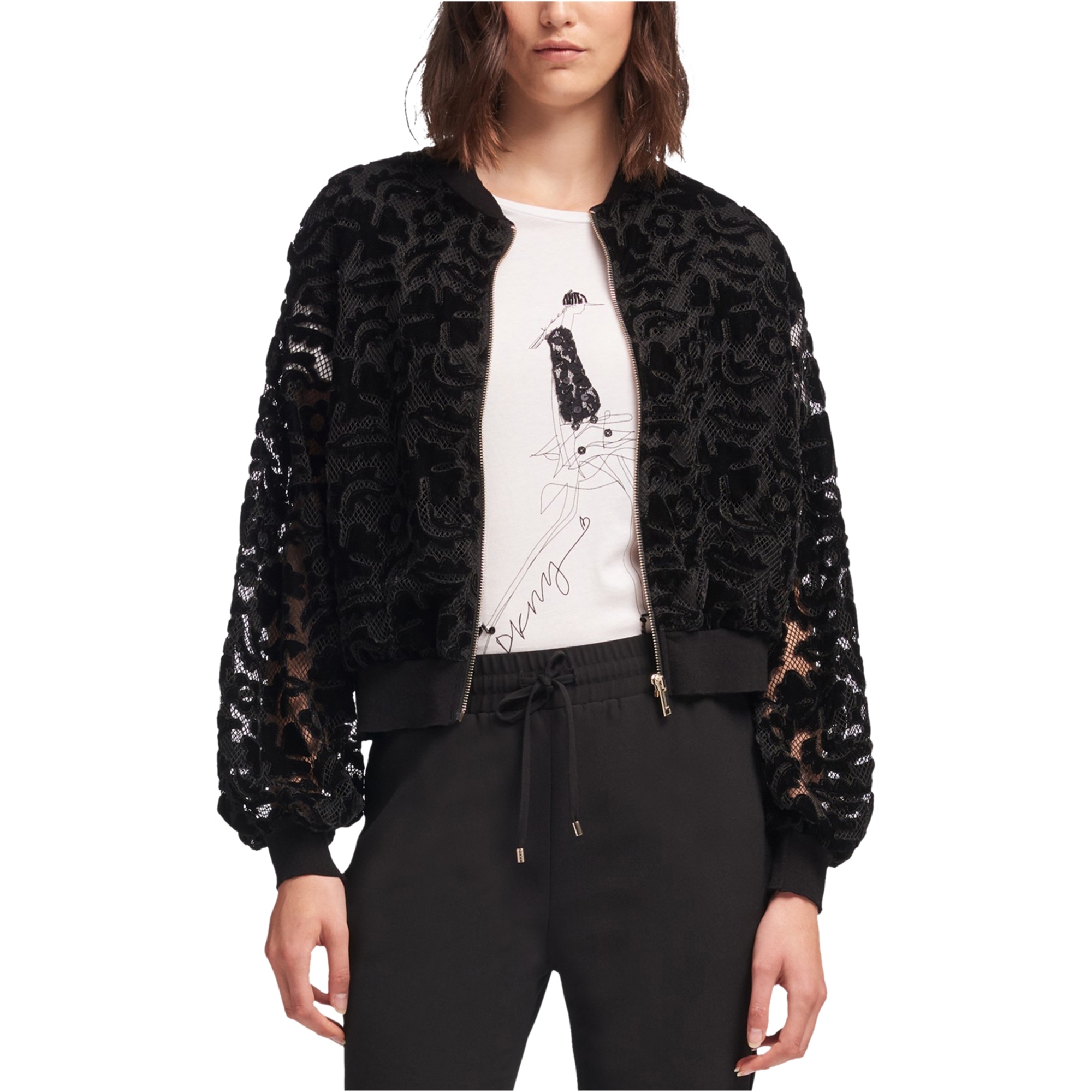 Dkny Womens Velvet Mesh Bomber Jacket 