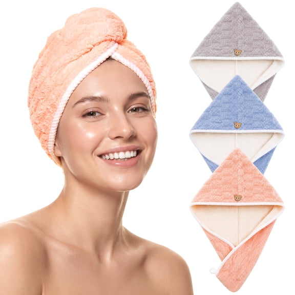 Abaima 3 Pack Coral Fleece Hair Towels, Quick Dry, Hair Drying Towel for Women with Button, Lightweight Absorbent Hair Turban for Thick Curly Hair