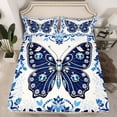 thumbnail image 2 of Manfei Vintage Butterfly Sheet Set Queen, Blue Diamond Damask Bedding Sets Queen Size, Baroque Flower Floral Flat Sheet, Super Cozy Room Decor, 4pcs, 2 of 7