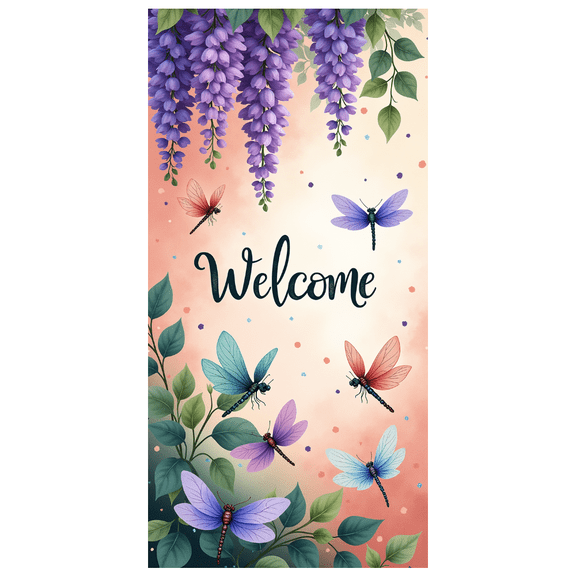 Floral Design Banner Welcome Sign Dragonfly Pattern Nature for Home Decoration Garden Party Event Decor