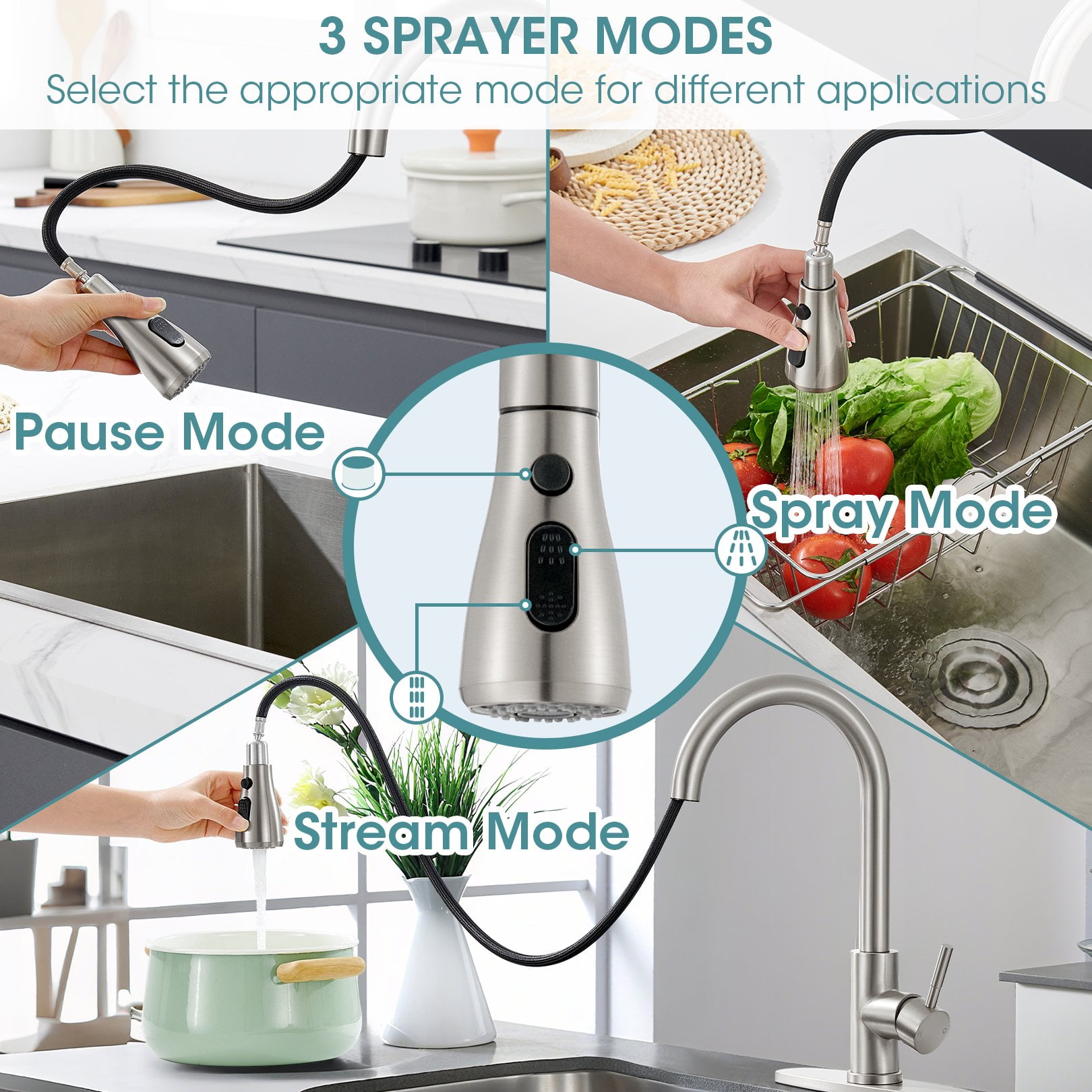 Wowkk Sanitary Ware Kitchen Sink Faucet with Pull Down Sprayer, Single Handle SUS304 Stainless Steel Kitchen Faucets with Deck Plate, Brushed Nickel