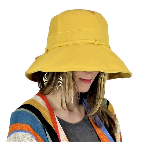 Wired Cotton UV Sun Hat for Women Bucket Wide Brim Packable Foldable with Removable Chin Cord