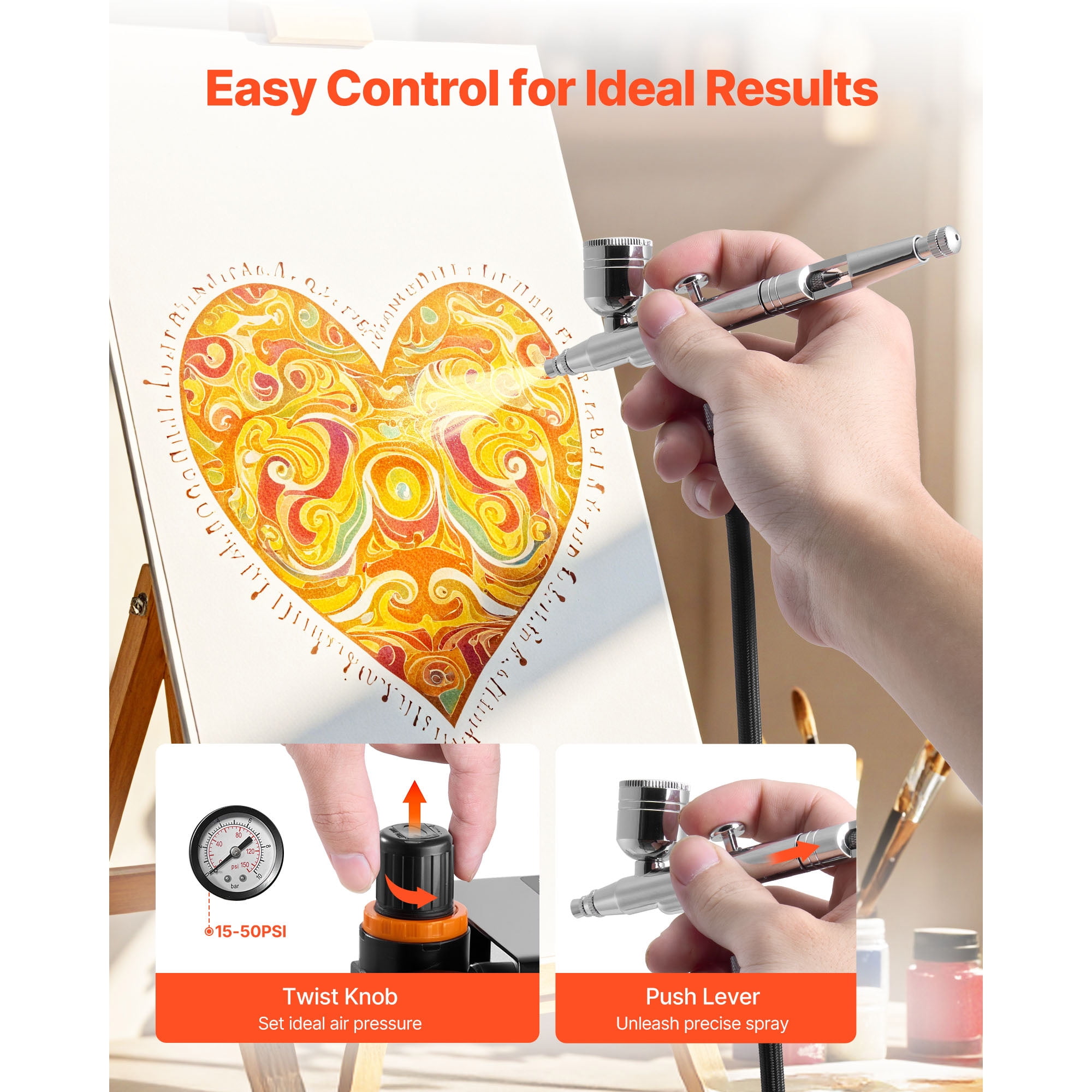 KFFKFF Airbrush Kit with Compressor, 1/6 HP, Includes Dual-Action Airbrush, 3 Nozzles, Hose, Acrylic Paints, Brushes, Quiet Operation, Ideal for Cake Decoration, Model Crafting, and Nail Design