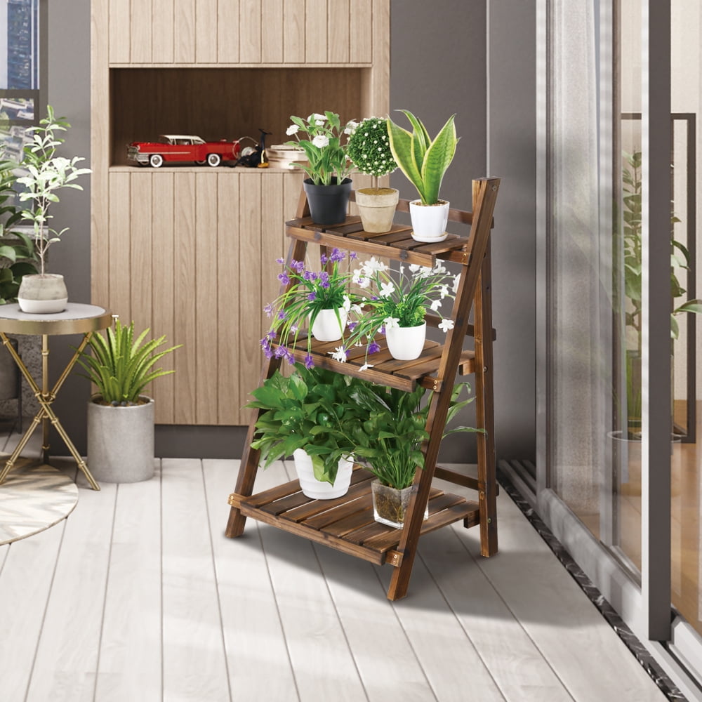 Renwick 3 Tier Folding Wooden Flower Stand for Outdoor & Indoor, Brown