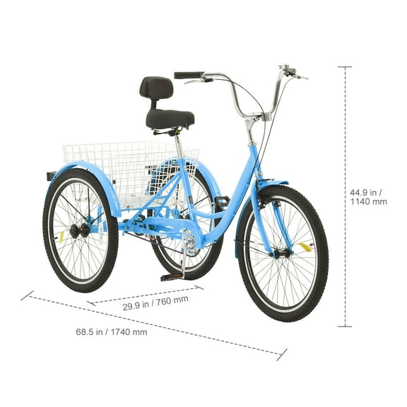 KFFKFF Mature Trike, 24 Inch Triple-Wheeled Cycle, 3 Wheel Pedal Vehicles, Carbon Steel Leisure Bicycle with Basket & Adjustable Saddle, Grocery Shopping Trikes for Elderly, Ladies, Gentlemen (Blue)