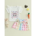 thumbnail image 2 of aturustex Little Girl 2Pcs Easter Skirt Outfits 6M 12M 18M 2T 3T 4T Toddler Baby Short Sleeve T-shirts Crew Neck Shirts Bunny Print Tee Tops + Checkermmer Clothes Beachwear for Holiday Party, 2 of 7