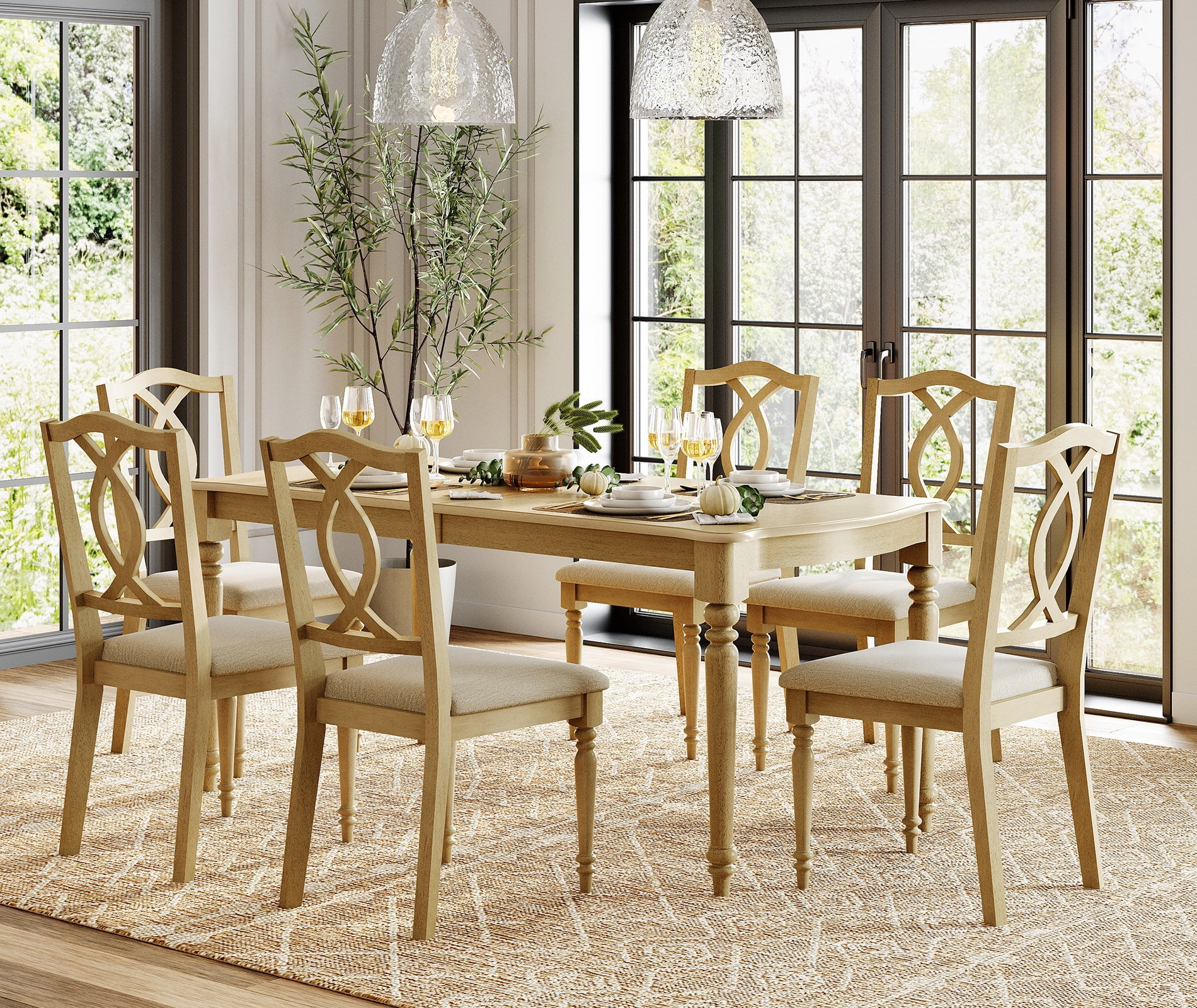 7 Piece Dining Table Set - Includes One Dining Table, 6 Wood Dining Chairs, Farmhouse Dining Set, Oak