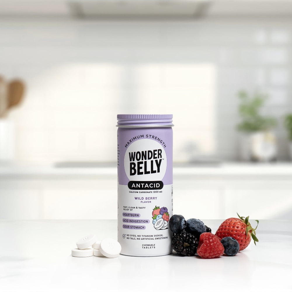 Wonderbelly Heartburn Relief Antacid Tablets, Wild Berry Flavor, 1000 mg, 50 Count