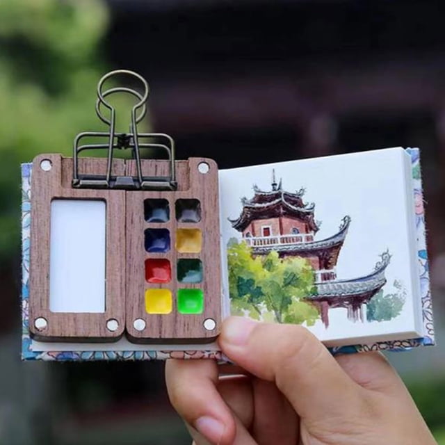 Fiudx Mini Caja de Acuarela, Paleta Compacta de Madera de Nogal, Tapa Magnética y Diseño de Clip, Portátil para Pintar Al Aire Libre, Duradera y Resistente, Perfecta para Artistas, 8 Compartimentos,