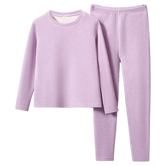 VNKIDY Girls Kids Thermal Underwear Set Solid Color Long Sleeve Crewneck Top Elastic Waisted Pants Soft Warm Base Layer Outfit For Cold Weather Purple 10Y