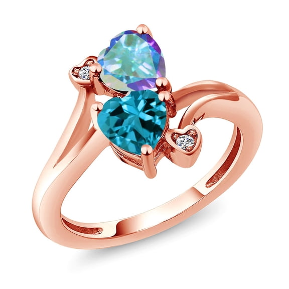 Gem Stone King 18K Rose Gold Plated Silver Mercury Mist Mystic Topaz London Blue Topaz and White Lab Grown Diamond Ring for Women (1.98 Cttw, Heart Shape 6MM, Gemstone Birthstone, Size 5)