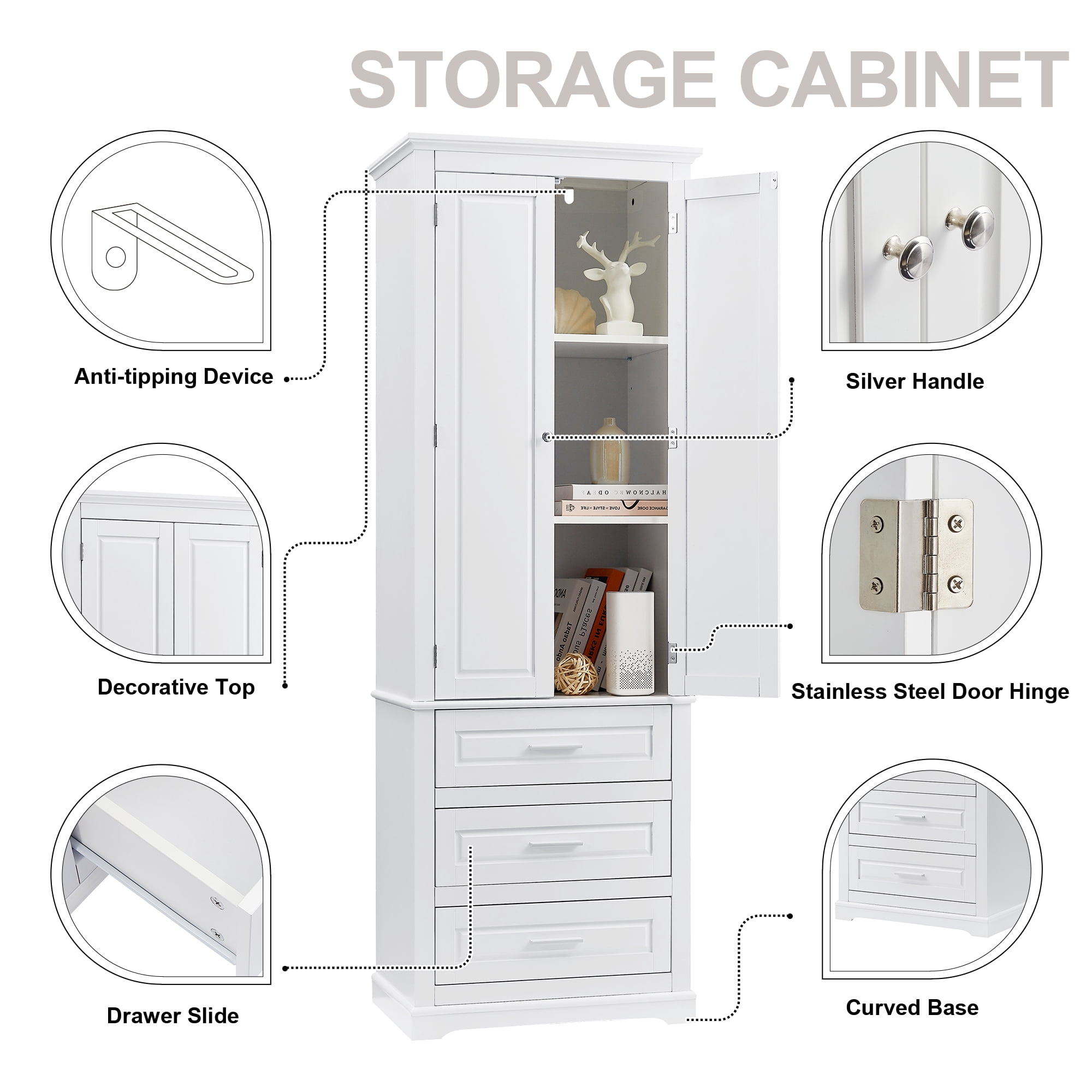 Harper & Bright Designs Tall Bathroom Storage Cabinet with Drawers and Doors, Modern Bathroom Floor Storage Cabinet with Shelf, White