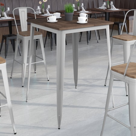 BizChair 31.5  Square Silver Metal Indoor Bar Height Table with Walnut Rustic Wood Top