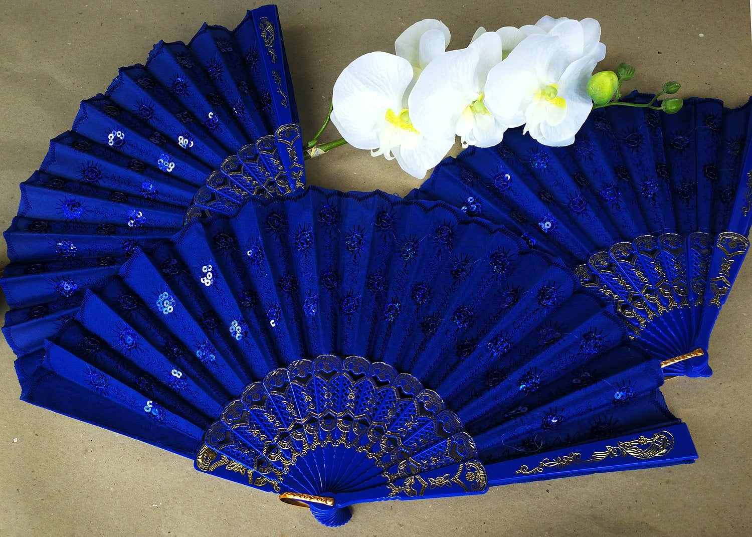 Foldable Peacock Pattern Flower Sequin Fabric Hand Fan Decorative Fashionable 