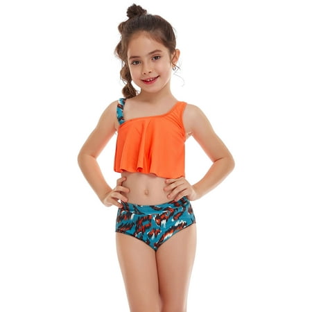 

Fesfesfes Parent-Child Swimwear Split Two Piece Swimsuits Ruffle Part Tops Floral Print Swimwear Bikini Set
